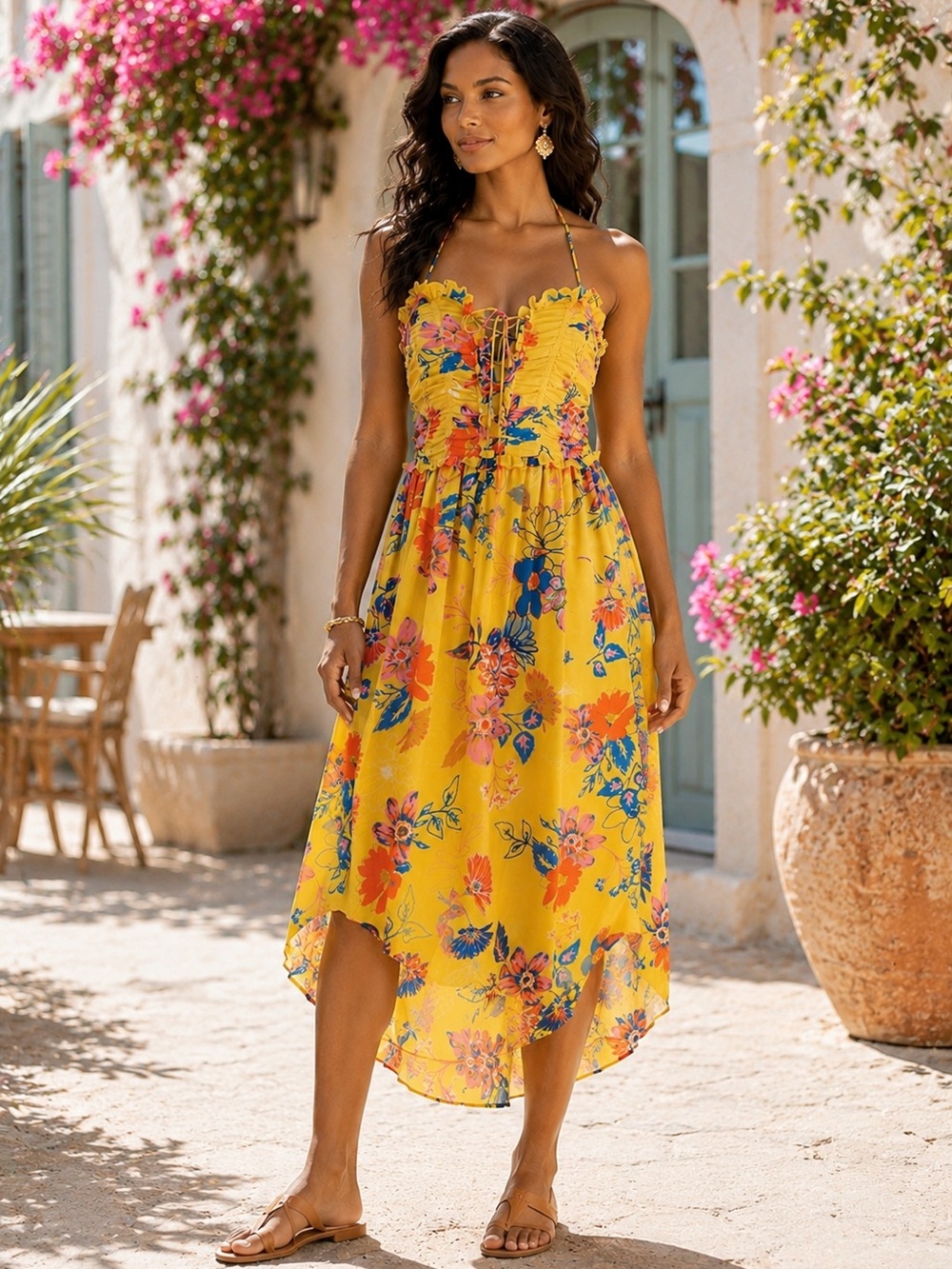 “CURRENT AIR” Mustard Yellow Floral Halter Dress XS